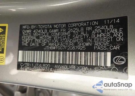 2015 Lexus Es 300H from USA, damaged, VIN JTHBW1GG7F2087925